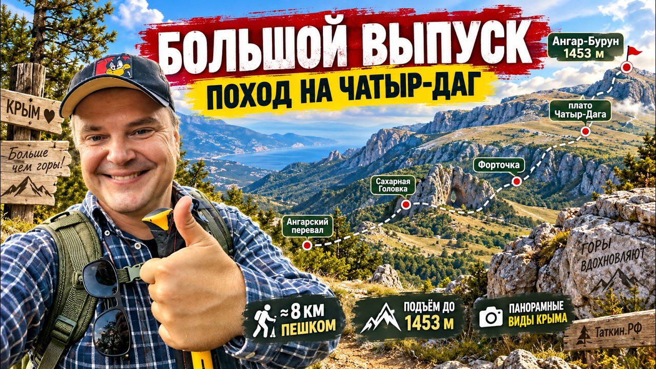 Обложка видео «Большой поход по Чатыр-Дагу | Ангарский перевал → Сахарная Головка→Форточка → Ангар-Бурун 1453 м 🥾⛰️»