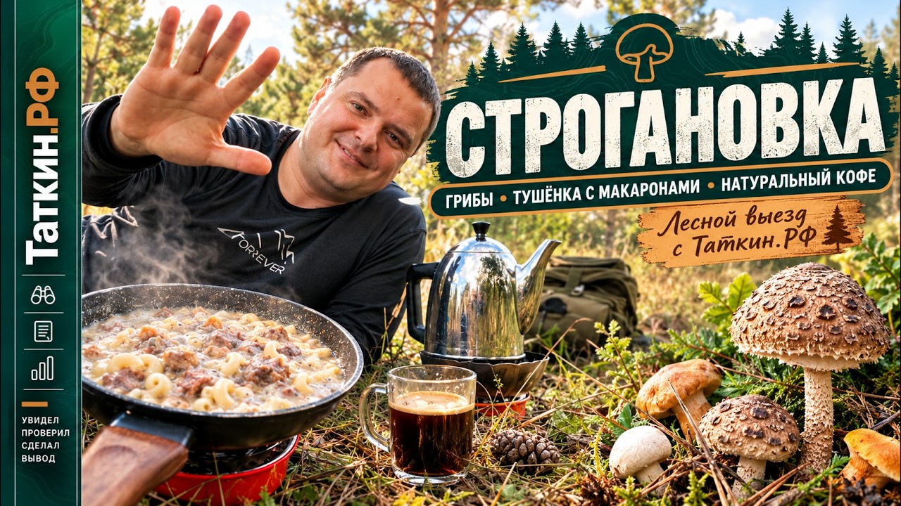 Обложка видео «🍄 Грибная прогулка в Строгановке | Необычные грибы, макароны с тушёнкой и кофе в лесу»